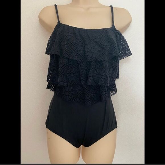 ROBBY LEN Black Tiered Lace Black One Piece Swimsuit Size - Picture 1 of 1